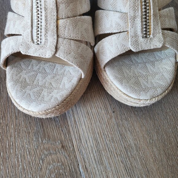 Michael Kors Berkley Platform Wedge Sandal MK Logo Cream Canvas Size 7 - Picture 9 of 16
